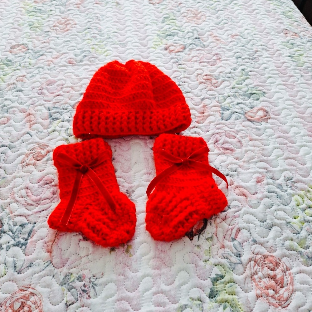 Handmade Red Knit Baby Hat and Booties Set